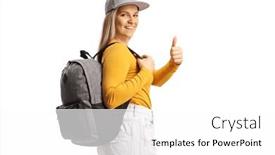  Presentation with shoulder - Presentation design featuring female-student-with-a-backpack background and a white colored foreground