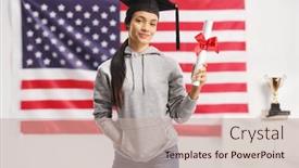  Presentation with diploma - PPT theme consisting of female-student-with-a-graduation background and a mint green colored foreground