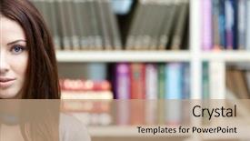  Presentation with library research - Colorful slide set enhanced with female student with books at the library research education half face backdrop and a coral colored foreground