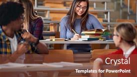  Presentation with amphitheater - PPT theme with female-student-with-colleagues-writing background and a tawny brown colored foreground