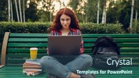  Presentation with yoga - PPT theme with female student with laptop sitting in yoga pose background and a ocean colored foreground