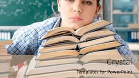  Presentation with many-books - Presentation theme featuring female-student-with-many-books background and a soft green colored foreground