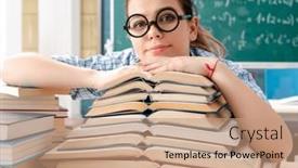  Presentation with many-books - PPT theme with female-student-with-many-books background and a coral colored foreground