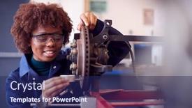  Presentation with female mechanic - Beautiful theme featuring female-student-working-on-car backdrop and a navy blue colored foreground