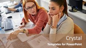  Presentation with informatics - Colorful slide set enhanced with female-student-worrying-about-hard backdrop and a coral colored foreground