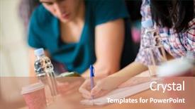  Presentation with task - Colorful presentation theme enhanced with female student writing her task backdrop and a coral colored foreground