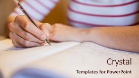  Presentation with writing notes - Slide set consisting of female student writing notes at the university background and a lemonade colored foreground