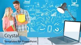  Presentation with digital books - Audience pleasing presentation design consisting of female students holding book backdrop and a light blue colored foreground