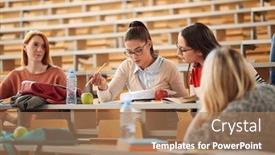  Presentation with amphitheater - Presentation design featuring female-students-learning-together background and a coral colored foreground
