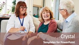  Presentation with senior worker - Colorful presentation design enhanced with female support worker visits senior backdrop and a violet colored foreground