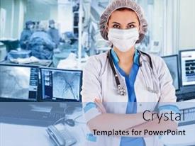  Presentation with cardiology - Slide set featuring vascular - female surgeon doctor at operation background and a light blue colored foreground