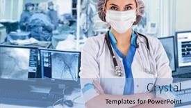  Presentation with cardiology - Slide set featuring vascular - female surgeon doctor at operation background and a light blue colored foreground