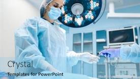  Presentation with operating room - PPT theme with female-surgeon-in-gown background and a light blue colored foreground