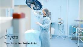 Presentation with operating room - Slide set featuring female-surgeon-prepares-lamp background and a light blue colored foreground