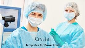  Presentation with operation room - Slides having female-surgeon-with-assistant background and a light blue colored foreground