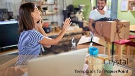  Presentation with cell - Audience pleasing presentation theme consisting of female-talking-on-her-cell backdrop and a coral colored foreground