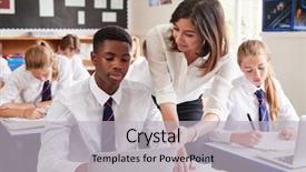  Presentation with elementary school career day and technology and black female teacher - Presentation theme enhanced with female teacher helping pupil using background and a light gray colored foreground