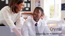  Presentation with pupil - PPT theme enhanced with female teacher helping pupil using background and a light gray colored foreground