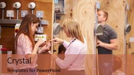  Presentation with electricians - Colorful presentation theme enhanced with female teacher helping students training to be electricians backdrop and a red colored foreground