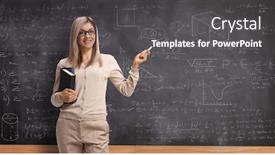  Presentation with chalk - Amazing PPT layouts having female-teacher-holding-books backdrop and a dark gray colored foreground