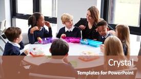  Presentation with round table - Slides enhanced with female teacher kneeling to talk background and a red colored foreground