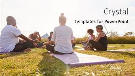  Presentation with retreat - Presentation theme consisting of female teacher leading group of mature men and women in class at outdoor yoga retreat background and a sky blue colored foreground