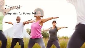  Presentation with retreat - Presentation consisting of female teacher leading group of mature men and women in class at outdoor yoga retreat background and a cream colored foreground