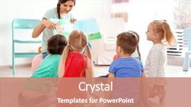  Presentation with children reading - Amazing PPT theme having female teacher reading book backdrop and a coral colored foreground