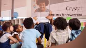  Presentation with multi cultural - Presentation theme consisting of female-teacher-reads-to-multi background and a coral colored foreground