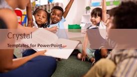  Presentation with multi cultural - Presentation theme featuring female-teacher-reads-to-multi background and a coral colored foreground