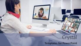  Presentation with distance learning - Audience pleasing PPT theme consisting of female-teacher-wearing-headphones-having backdrop and a seafoam green colored foreground