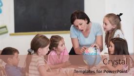  Presentation with diverse kids - PPT theme enhanced with female-teacher-with-kids background and a coral colored foreground