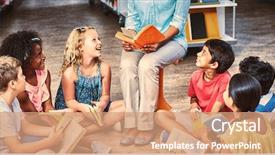  Presentation with teacher and students - Audience pleasing PPT theme consisting of female teacher with students reading backdrop and a coral colored foreground
