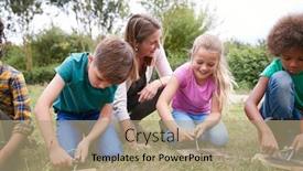  Presentation with female leader - Slide deck with female-team-leader-showing-group background and a coral colored foreground