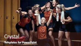  Presentation with locker room - Cool new PPT theme with female-team-posing backdrop and a tawny brown colored foreground