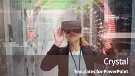  Presentation with virtual reality - Presentation having female technician wearing virtual reality background and a tawny brown colored foreground