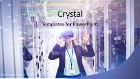  Presentation with virtual reality - Slides with female technician with virtual reality background and a  colored foreground