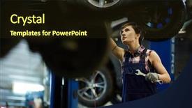  Presentation with render of a car suspension - Presentation theme consisting of female technician with wrench repairing background and a wine colored foreground