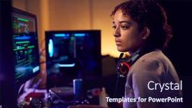  Presentation with female security - Theme enhanced with female-teenage-hacker-sitting background and a wine colored foreground