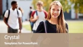  Presentation with college campus - Cool new PPT theme with female teenage student on college backdrop and a coral colored foreground