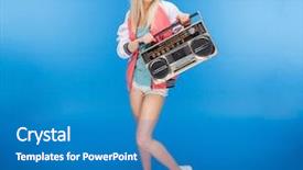  Presentation with boom box - PPT theme enhanced with female teenager holding retro boom background and a teal colored foreground