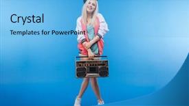  Presentation with boom box - Audience pleasing slides consisting of female teenager holding retro boom backdrop and a light blue colored foreground