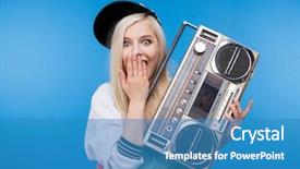  Presentation with boom box - Cool new PPT theme with female teenager holding retro boom backdrop and a teal colored foreground