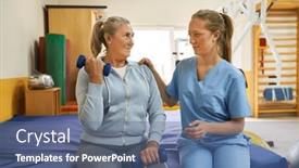  Presentation with rehabilitation - PPT layouts consisting of female-therapist-assisting-senior-woman background and a ocean colored foreground