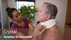  Presentation with female hospital patient - Theme enhanced with female therapist examining neck collar on senior male patient at hospital ward background and a tawny brown colored foreground