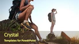  Presentation with german shepherd two young puppys - Audience pleasing slide deck consisting of female top mountain - two young tourists with backpacks backdrop and a  colored foreground