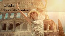  Presentation with health and happiness - Audience pleasing PPT theme consisting of female tourist at white hat backdrop and a coral colored foreground