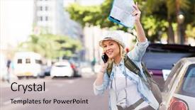  Presentation with taxi - Slide set enhanced with female tourist hailing a taxi background and a light gray colored foreground