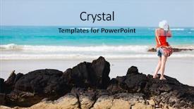  Presentation with turquoise beach - PPT layouts with female tourist photographing beautiful beach and turquoise sea background and a light blue colored foreground