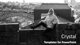  Presentation with masonry - Slide set consisting of female-tourist-sits background and a black colored foreground
